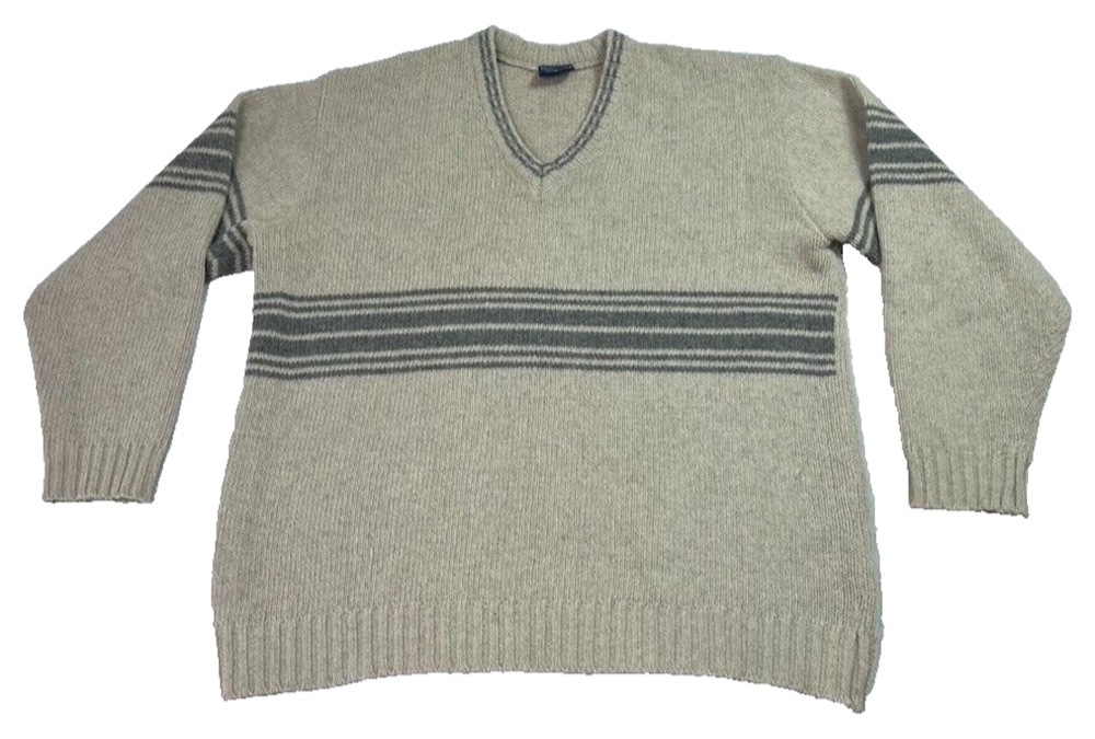 Steve & Barrys Sweater Wool Blend Mens Extra Large Beige Striped V Neck Costal